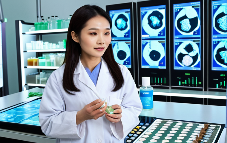 **Prompt:** A vibrant, futuristic laboratory setting where traditional Hanbang ingredients like Ginseng and Rehmannia are being scientifically analyzed using advanced bio-engineering equipment. The scene should convey innovation and precision, with sleek glass vials and glowing data screens. In the foreground, a diverse Malaysian woman, with visibly radiant and healthy skin, confidently applies a Hanbang essence, emphasizing proven efficacy and modern results.
**Keywords:** Modern Hanbang, scientific research, bio-engineering, traditional herbs, radiant Malaysian skin, clinical efficacy, innovative beauty, sophisticated lab, advanced skincare.